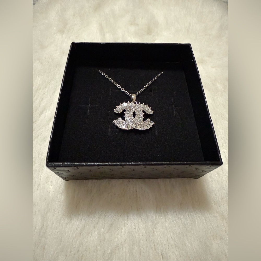 Sparkling Crystal Monogram Pendant Necklace in Silvertone